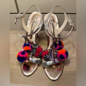 Sophia Webster Silver Heels with Colorful Pom-Poms